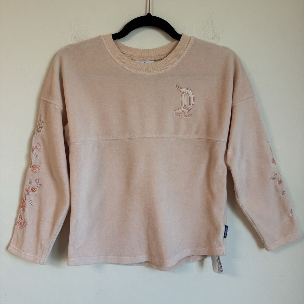 Disneyland Park Girls Med 7/8 Pink Embroidered Floral Terry Cloth Spirit Jersey
